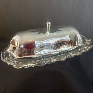 Vtg. Shelton Ware Clear Glass Quarter Pound Butter Dish with Chrome Lid